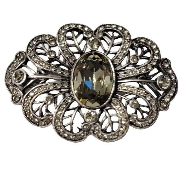 LaVintage Silver Tone Smoky Rhinestone Oval Victorian Style Brooch Pendant, M123 - Picture 1 of 8